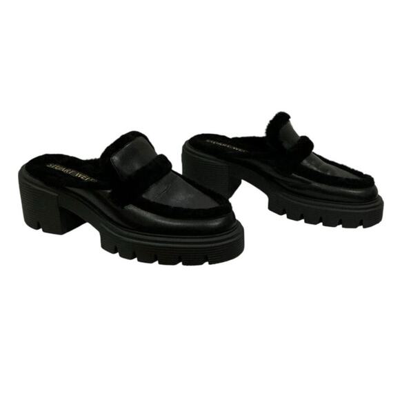 Stuart Weitzman Soho Chill Suede Shearling Loafer Mule Black 9.5B Platform - Picture 3 of 12